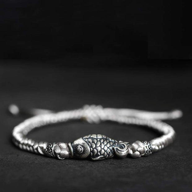 Buddha Stones Silver Luck Koi Fish Braided String Bracelet Bracelet BS Gray(Wrist Circumference 14-20cm)
