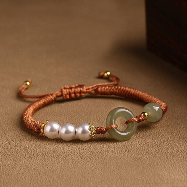 Buddha Stones Handmade 925 Sterling Silver Natural Hetian Jade Peace Buckle Cinnabar Pearl Luck Braided Bracelet