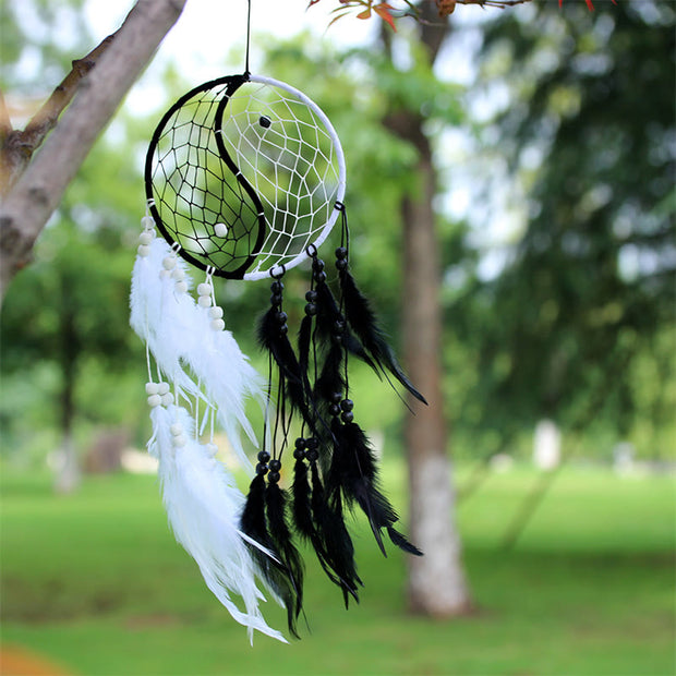 Buddha Stones Yin Yang  Dream Catcher Circular Net with Feathers Balance Decoration