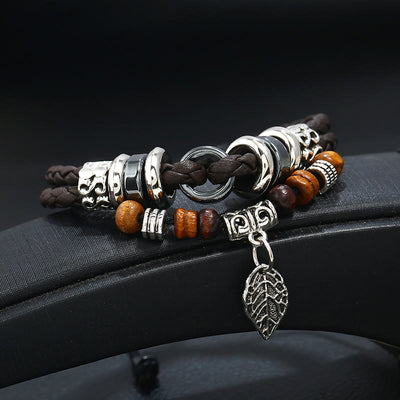 Buddha Stones Retro Leaf Multi-layer Leather Wood Beads Luck Healing Braid Bracelet