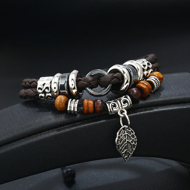 Buddha Stones Retro Leaf Multi-layer Leather Wood Beads Luck Healing Braid Bracelet