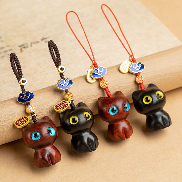 Buddha Stones Small Leaf Red Sandalwood Ebony Wood Lucky Cat Protection Key Chain Phone Hanging Decoration Key Chain BS 1