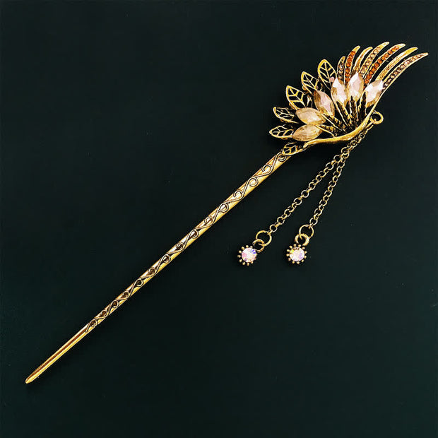Buddha Stones Phoenix Feather Crystal Tassels Confidence Hairpin Hairpin BS Gold Champagne