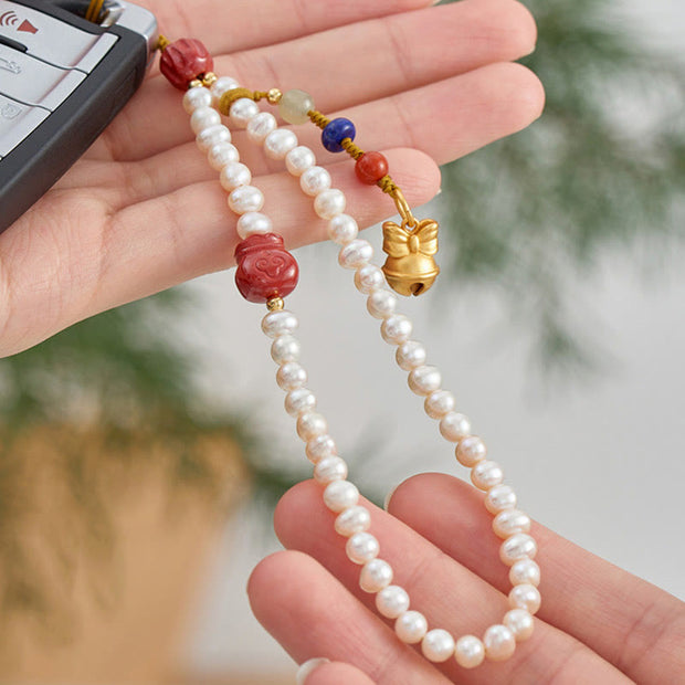 Buddha Stones Natural Pearl Cinnabar Money Bag Bell Gold Swallowing Beast Dancing Lion Healing Phone Hanging Decoration