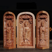Buddha Stones Avalokitesvara Kwan Yin Buddha Cherry Wood Compassion Home Decoration Altar Prayer Altar BS Three Western Saints&Lotus