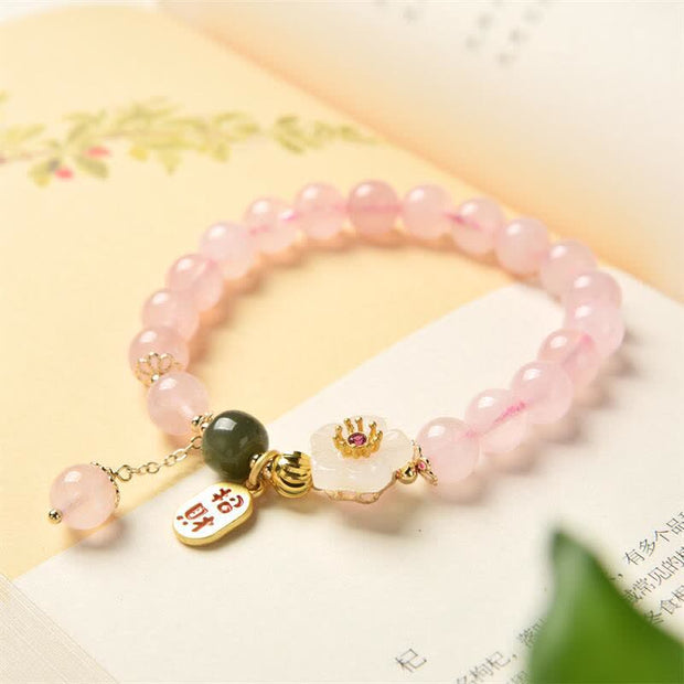 Buddha Stones Natural Pink Crystal Jade Flower Warm Love Bracelet Bracelet BS 3