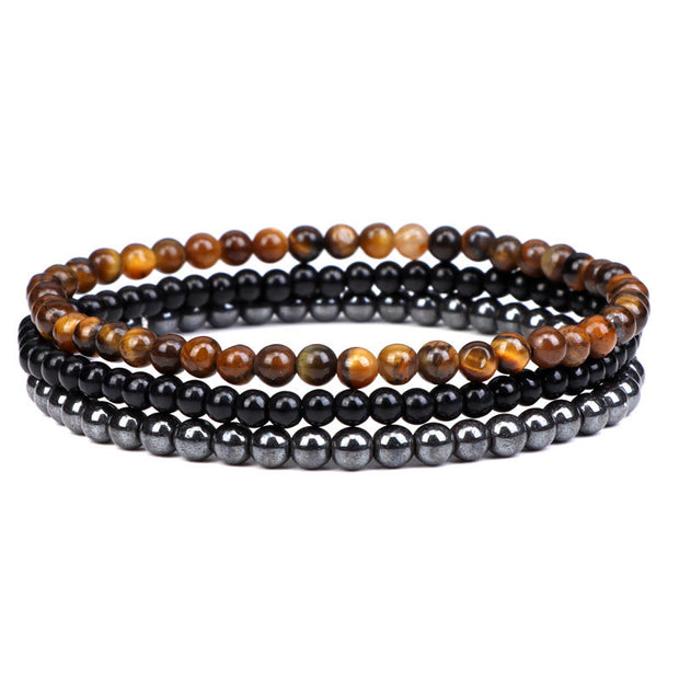 Buddha Stones 3Pcs Natural Crystal Stone Inner Peace Spiritual Bracelet Bracelet BS Tiger Eye&Black Glass Beads&Hematite(Wrist Circumference 15-19cm)