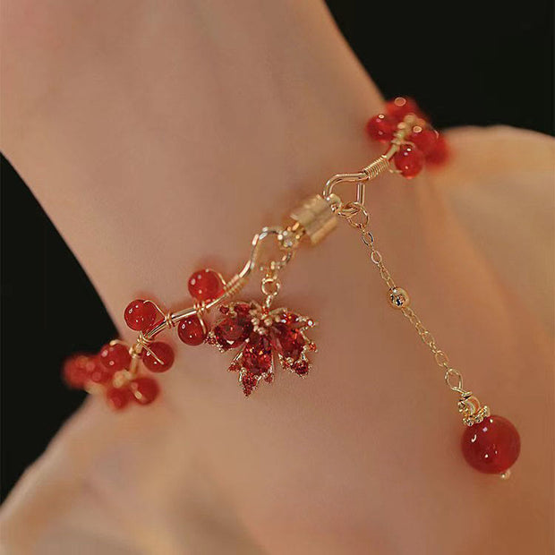 Buddha Stones Red Maple Leaf Luck Charm Bracelet