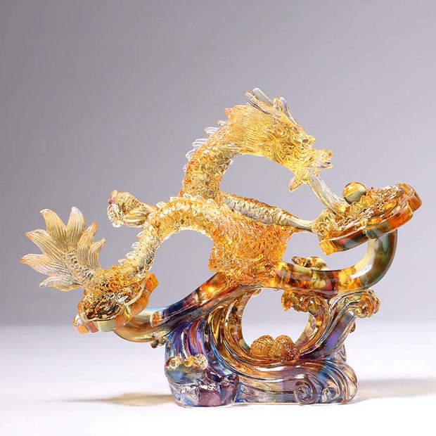 Buddha Stones Year of the Dragon Handmade Ruyi Handle Liuli Crystal Art Piece Protection Home Office Decoration Decorations BS Small Colorful Dragon 22.5*8.5*17.8cm/8.86*3.35*7.01inch