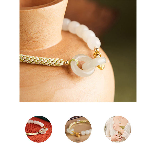 Buddha Stones Natural Hetian Jade Bead Double Peace Buckle Fu Character Abundance Braided Bracelet Bracelet BS 24