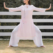Buddha Stones 2Pcs Lotus Pattern Tai Chi Meditation Yoga Cotton Linen Clothing Top Pants Women's Set Clothes BS 16