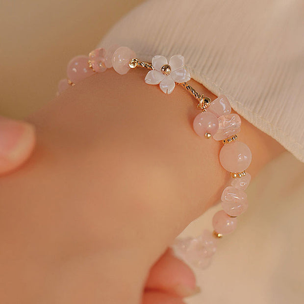 Buddha Stones 14k Gold Plated Natural Pink Crystal Flower Love Bracelet Bracelet BS 3