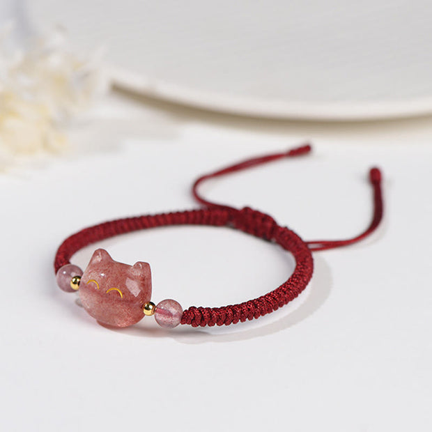 Buddha Stones Handmade Natural Silver Sheen Obsidian Strawberry Quartz Cute Cat Protection Braided Bracelet