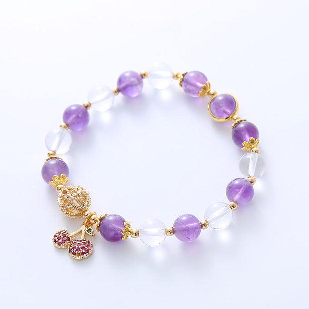 Buddha Stones Natural Amethyst White Crystal Positive Cherry Charm Bracelet