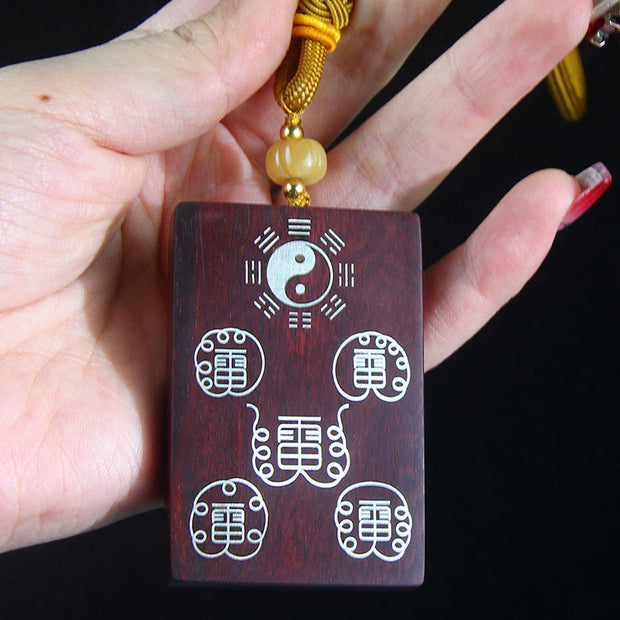 Buddha Stones 999 Sterling Silver Small Leaf Red Sandalwood Taoism Five Sacred Mountains Yin Yang Bagua Protection Necklace Pendant Key Chain