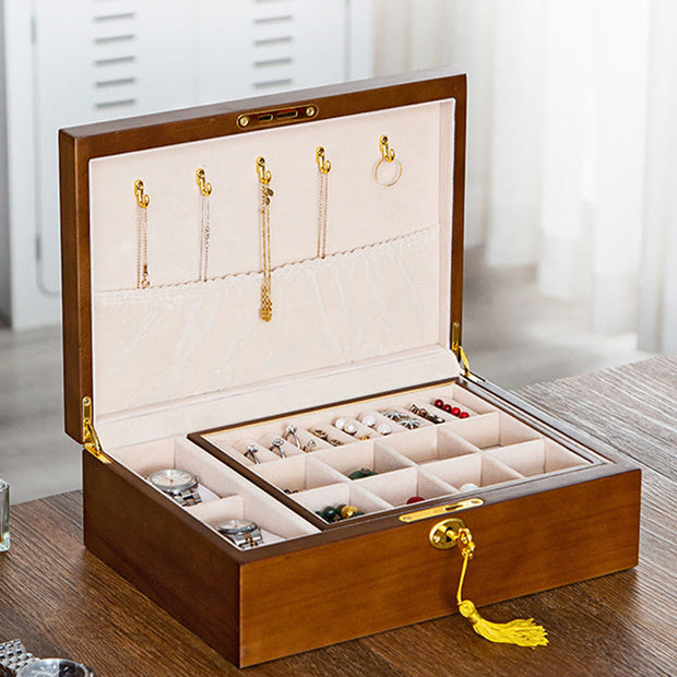 Buddha Stones Vintage Wooden Jewelry Box Two-Layer Solid Wood Jewelry Storage Box