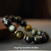 Buddha Stones Chinese Zodiac Natal Buddha Gold Sheen Obsidian Wealth Protection Bracelet Bracelet BS Dog/Pig-Amitabha Buddha