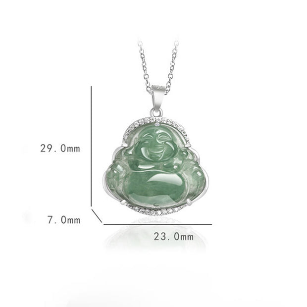 Buddha Stones 925 Sterling Silver Laughing Buddha Natural Jade Luck Prosperity Necklace Chain Pendant Necklaces & Pendants BS 8