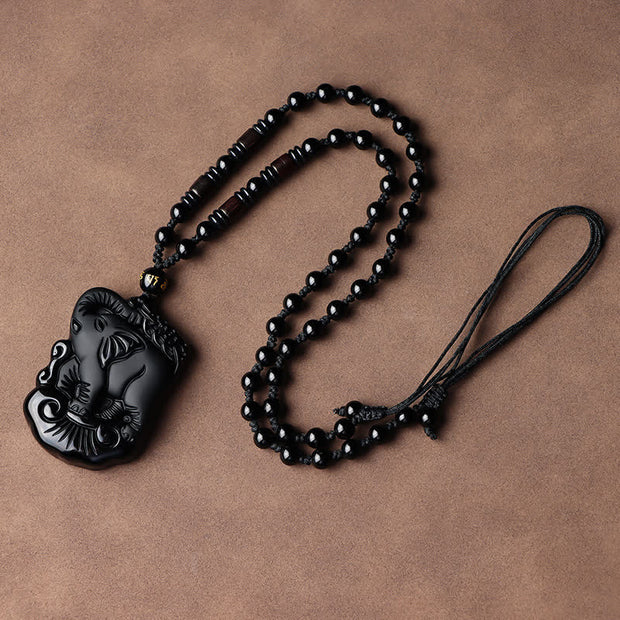 Buddha Stones Black Obsidian Elephant Protection String Necklace Pendant Key Chain Necklaces & Pendants BS 10