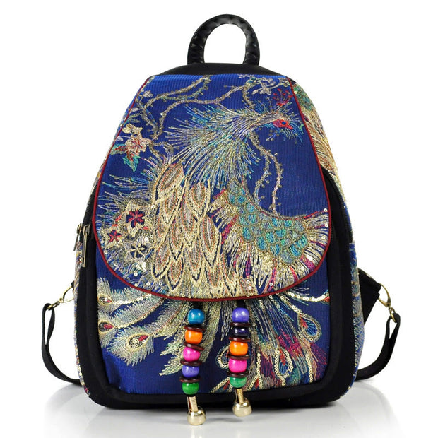 Buddha Stones Peacock Embroidery Canvas Tassel Backpack Backpack BS Dark Blue Peacock
