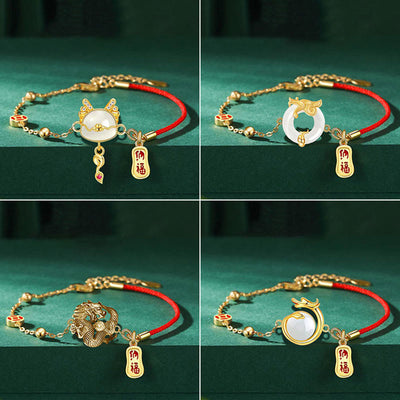 Buddha Stones Year of the Dragon White Jade Peace Buckle Fu Character Dragon Luck Red Rope Alloy Chain Bracelet
