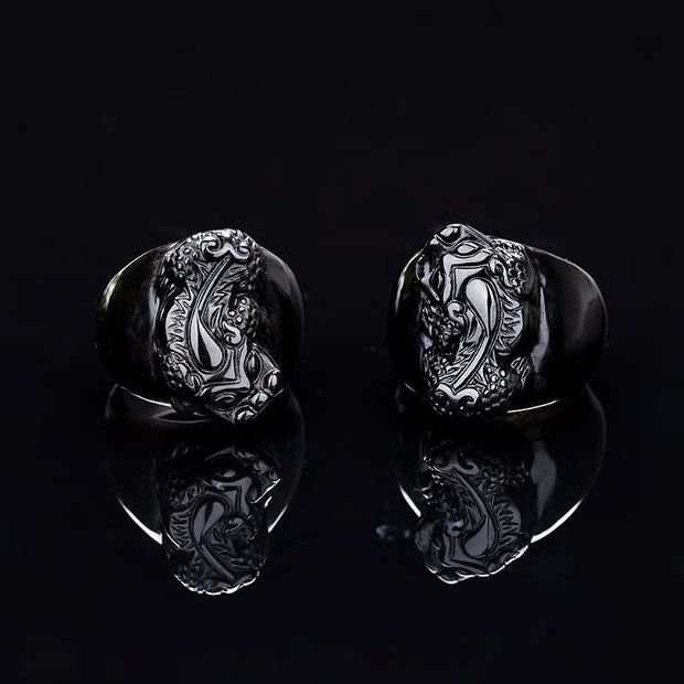 Buddha Stones FengShui PiXiu Black Obsidian Strength Ring Ring BS 3