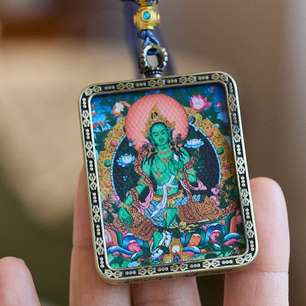 Buddha Stones Tibetan Green Tara Hand-Painted Thangka Buddha Protection Necklace Pendant Necklaces & Pendants BS 1
