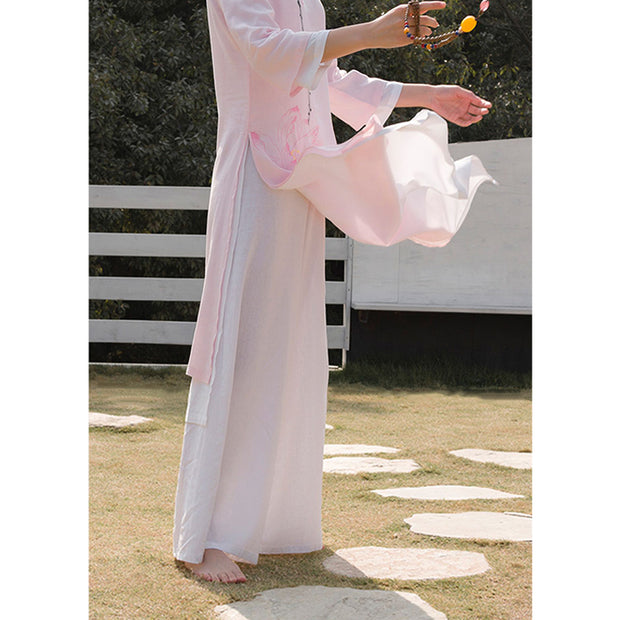Buddha Stones 2Pcs Lotus Pattern Tai Chi Meditation Yoga Cotton Linen Clothing Top Pants Women's Set Clothes BS 19