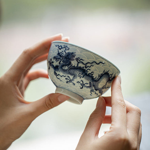 Buddha Stones Blue Dragon Design Ceramic Teacup Kung Fu Tea Cups