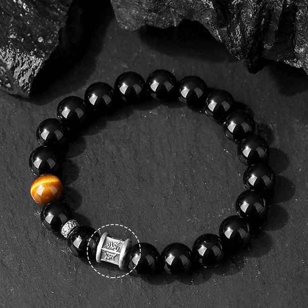 Buddha Stones 999 Sterling Silver Black Obsidian Tiger Eye Om Mani Padme Hum Fulfillment Bracelet Bracelet BS 4