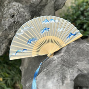 Buddha Stones Butterfly Flowers Nine-Tailed Fox Crane Embroidery Handheld Silk Bamboo Folding Fan