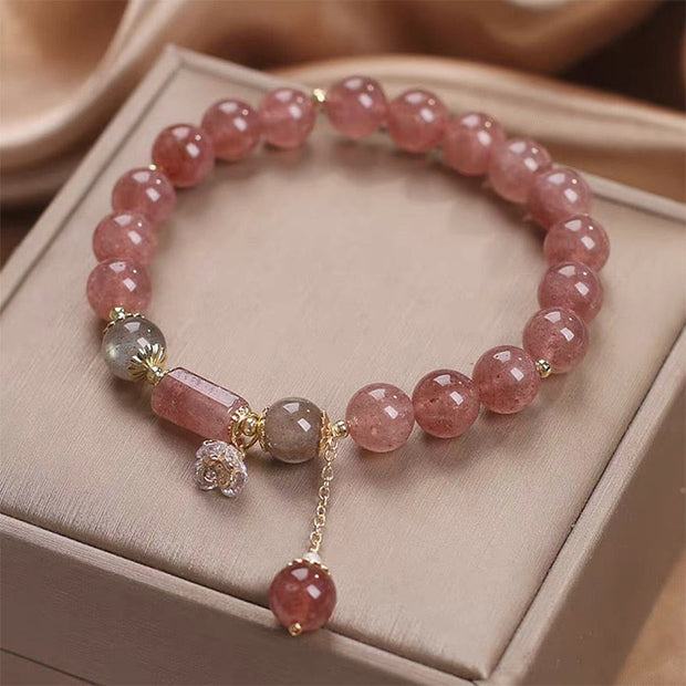 Buddha Stones Natural Strawberry Quartz Zircon Flower Positive Charm Bracelet Bracelet BS 1