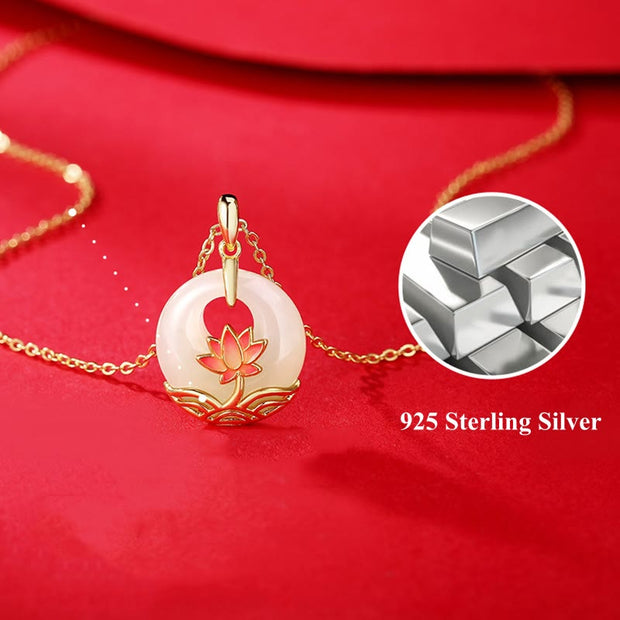 Buddha Stones 925 Sterling Silver Hetian White Jade Lotus Flower Blessing Necklace Pendant