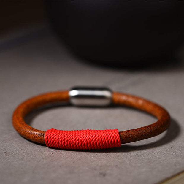 Buddha Stones Tibetan Leather Handmade Five Elements Luck Braid String Buckle Bracelet Bracelet BS Red(Fire) 19cm