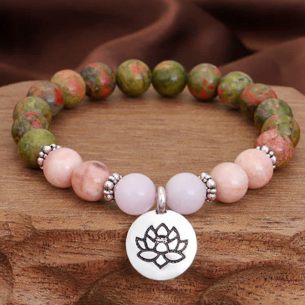 Buddha Stones Natural Unakite Rose Quartz Crystal Sun Stone Lotus Wealth Bracelet