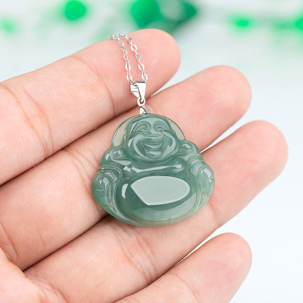 Buddha Stones 925 Sterling Silver Laughing Buddha Jade Protection Calm Necklace Chain Pendant Necklaces & Pendants BS 3