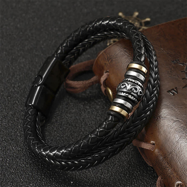 Buddha Stones Leather Layered Titanium Steel Balance Braided Bracelet