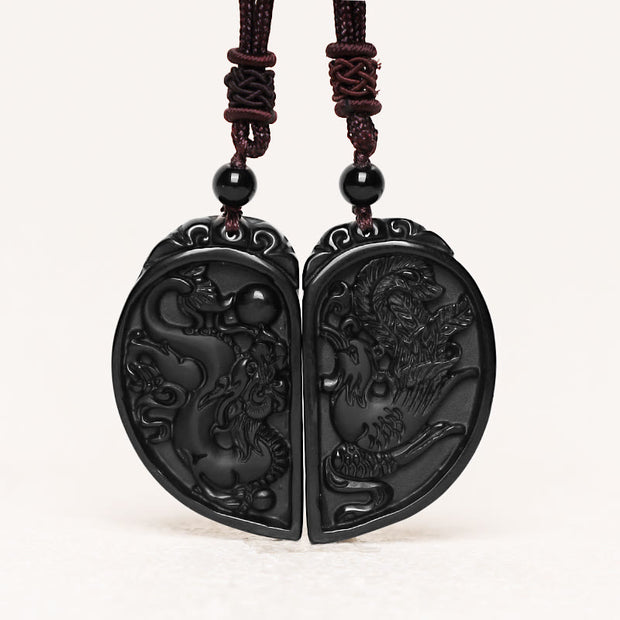 Buddha Stones Black Obsidian Love Dragon Phoenix Protection Necklace Pendant Necklaces & Pendants BS 1