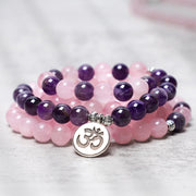 Buddha Stones Natural Rose Quartz & Amethyst Mala Bead Lotus Pendant Bracelet Bracelet BS 4