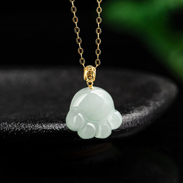 Buddha Stones 925 Sterling Silver 18K Gold Plated Natural Jade Cat Paw Pattern Luck Necklace Pendant Necklaces & Pendants BS 2