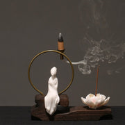 Buddha Stones Ceramic Lotus Healing Meditation Incense Burner Decoration Decorations Incense Burner BS White Book