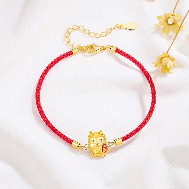 Buddha Stones 925 Sterling Silver Year Of The Dragon Lucky Golden Dragon Strength Red Rope Chain Bracelet