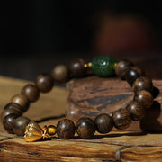Buddha Stones 999 Gold Brunei Agarwood Cyan Jade Lotus Flower Peace Strength Bracelet Bracelet BS 7