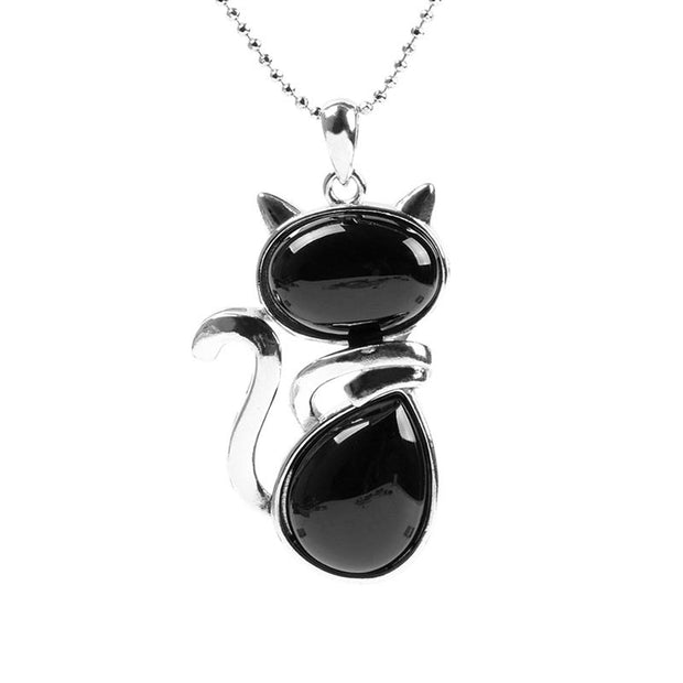 Buddha Stones Cat Pattern Natural Crystal Protection Necklace Pendant Necklaces & Pendants BS Black Onyx
