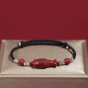 Buddha Stones 925 Sterling Silver Koi Fish Cinnabar Fu Character Copper Coin Wealth Braided Bracelet