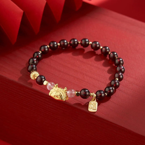 Buddha Stones Year of the Dragon Dumpling Natural Red Agate Garnet Hetian Jade Fu Character Luck Success Bracelet Bracelet BS Garnet Fu Character(Wrist Circumference 14-16cm)