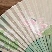Buddha Stones Jasmine Lotus Begonia Flowers Handheld Silk Bamboo Folding Fan