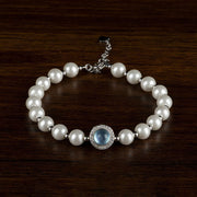 Buddha Stones 925 Sterling Silver Pearl Blue Chalcedony Healing Chain Bracelet Ring Bracelet BS 6mm Pearl Bracelet(Wrist Circumference 14-17cm)