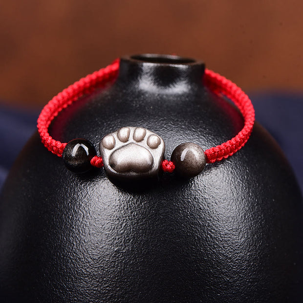 Buddha Stones Natural Silver Sheen Obsidian Gold Sheen Obsidian Cute Cat Paw Claw Protection Rope Bracelet Bracelet BS 2