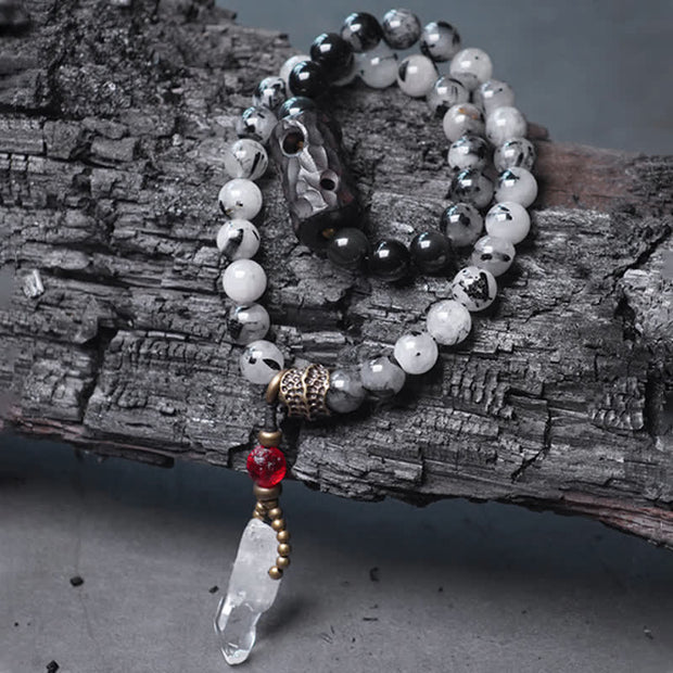 Buddha Stones Black Rutilated Quartz Ebony Wood White Crystal Success Couple Bracelet